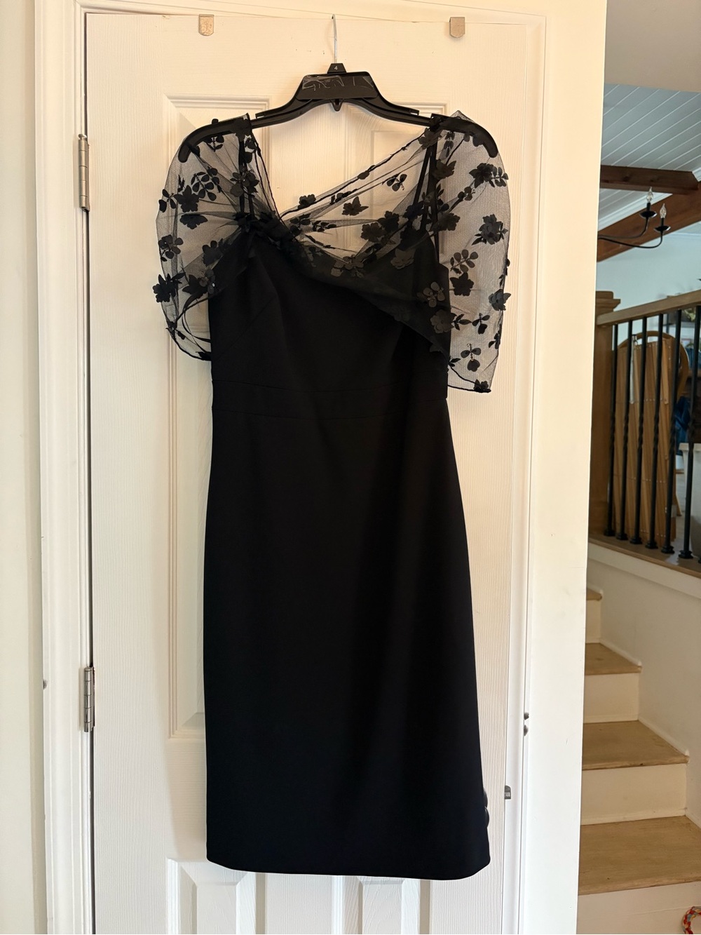 Eliza J Black Sheath Dress with Floral Mesh Capelet